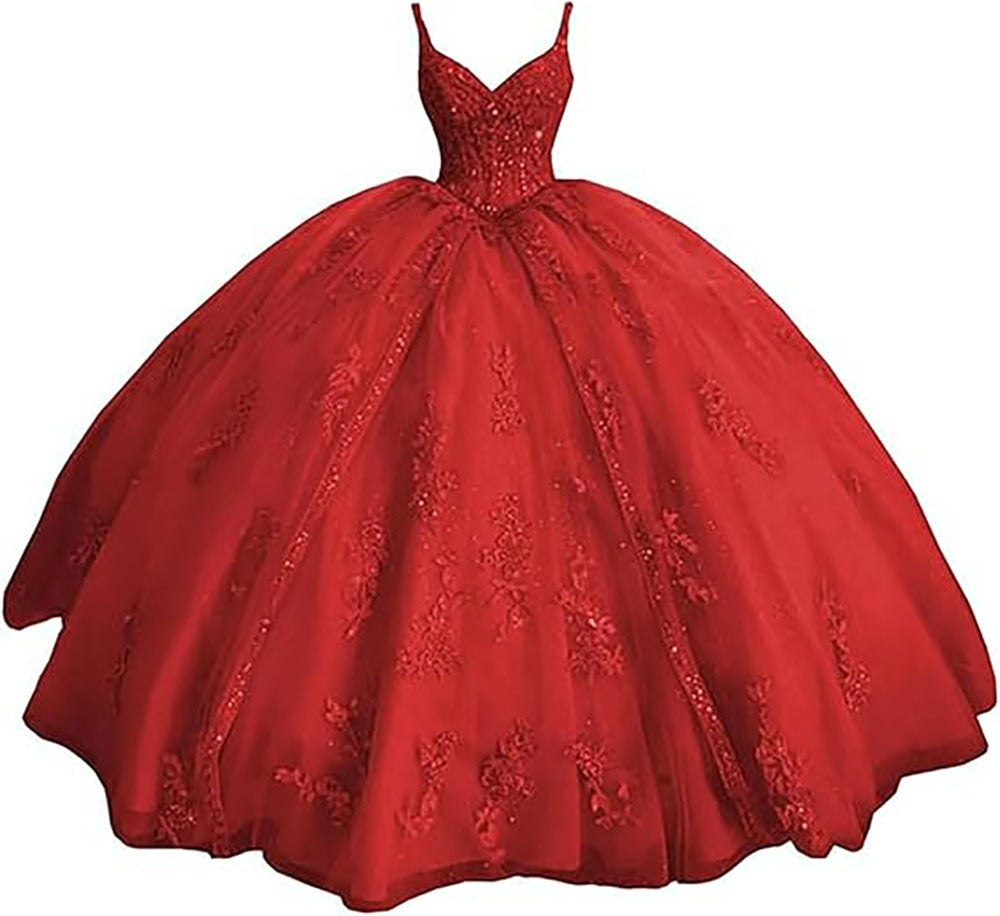 Abiti da ballo Quinceanera da donna con scollo a cuore, spalline sottili, applicazioni in pizzo, abiti Sweet 16 per adolescenti