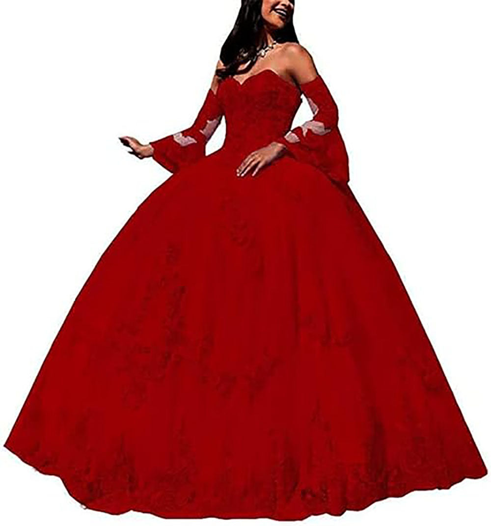 Abiti da Quinceanera da donna con scollo a cuore, applicazioni in pizzo, abito da ballo con maniche lunghe staccabili, abito da principessa per feste
