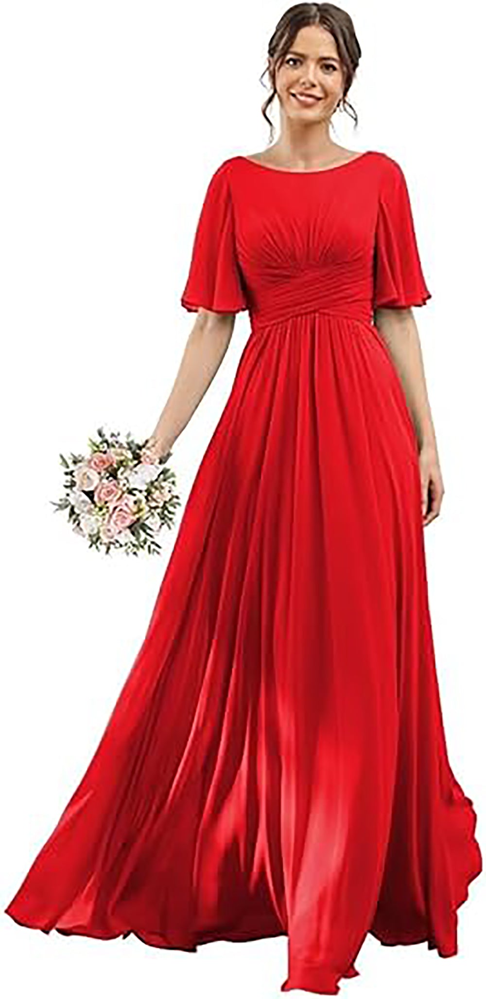 Vestido de Dama de Honra para Mulheres com Mangas de Folha em Chiffon Vestido de Noite para Festa de Casamento