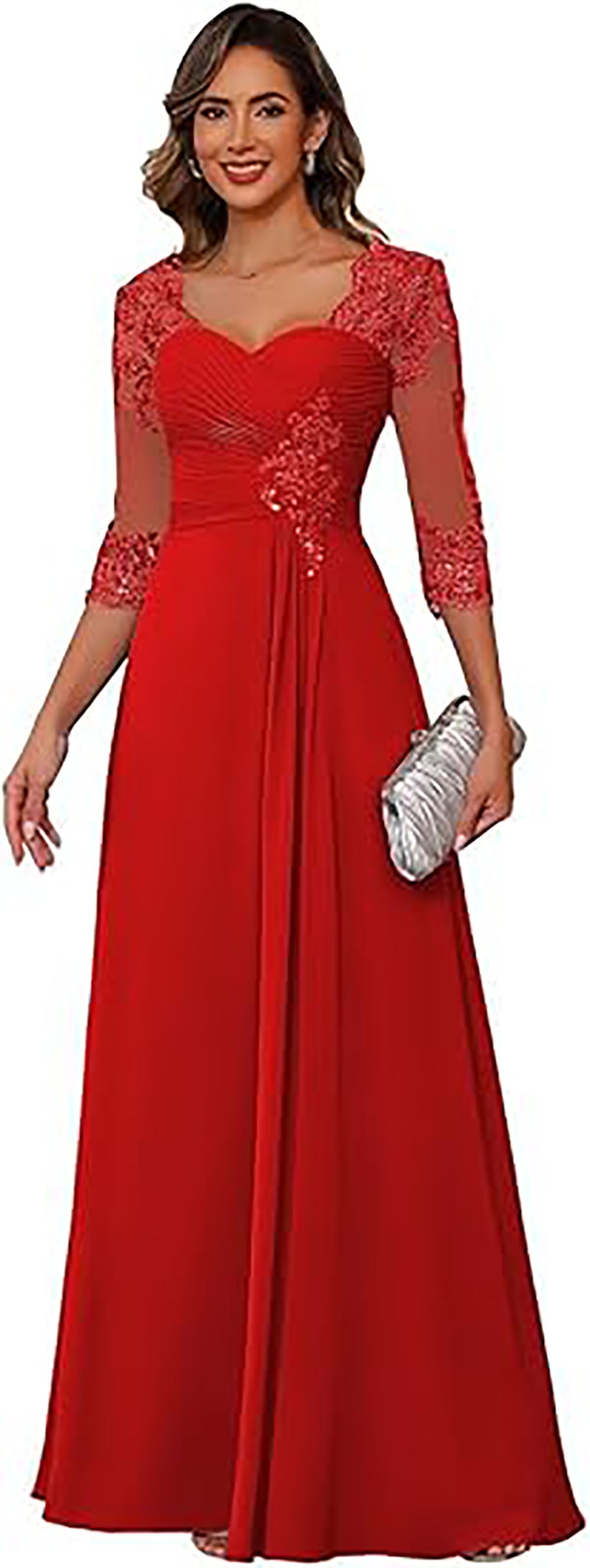 Vestidos de Noiva com Aplicações de Renda, Mangas 3/4, Vestido Formal de Noite Ms2503132