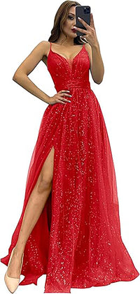 Vestidos Formais de Tule Brilhante para Mulheres com Decote em V, Pregas, Sexy, Fenda Alta, Alças Finas, Vestidos de Baile