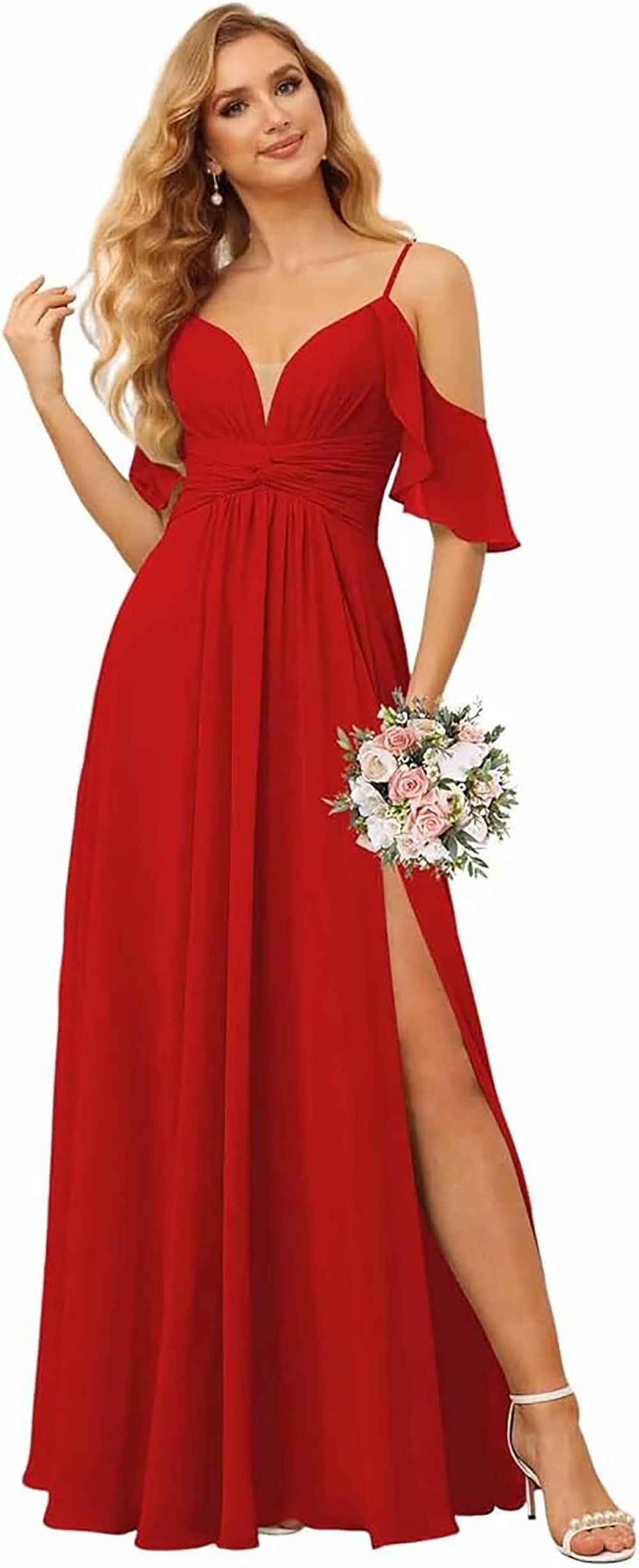 Abito da damigella con spalline sottili, spacco, chiffon plissettato, scollo a barca, linea ad A, abito formale da sera per donna