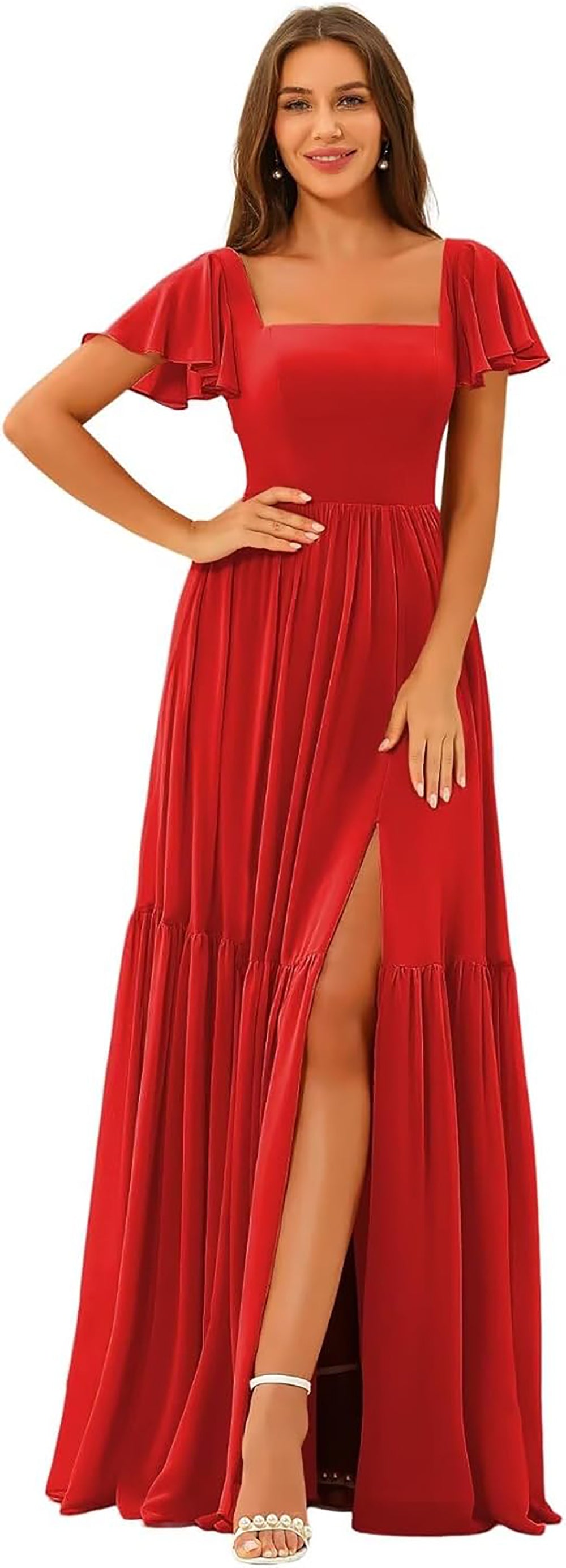 Vestidos de Dama de Honra com Decote em U, Fenda e Mangas de Chiffon com Folhos, Vestidos Formais Longos para Festa com Bolsos