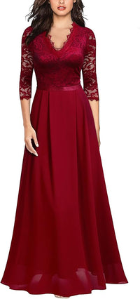 Abito lungo da sera formale da donna con pizzo floreale e maniche 2/3, abito da damigella
