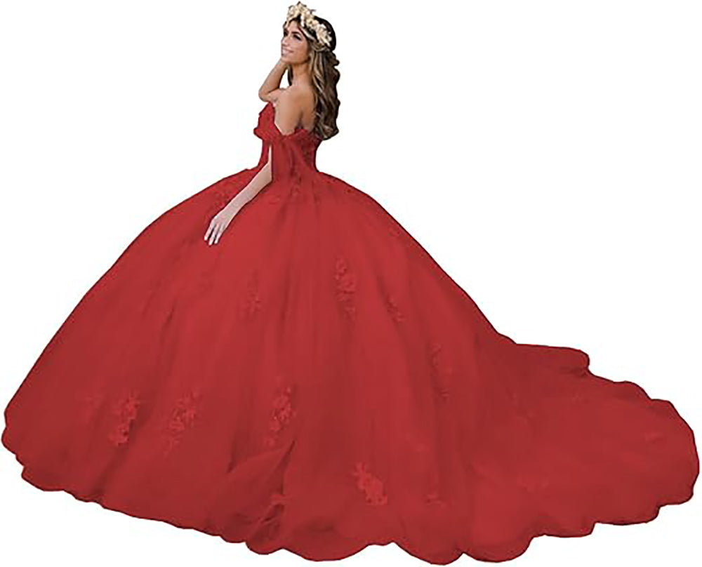 Damen Quinceanera-Kleider aus Spitze, Ballkleid, schulterfrei, Prinzessinnen-Ballkleider mit Schleppe, bauschige Sweet 16-Kleider
