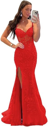 Vestidos de Baile Elegantes com Aplicação de Renda, Estilo Sereia, Fenda, Alças Finas, Vestidos Formais em Tule, Vestidos de Festa Sensuais