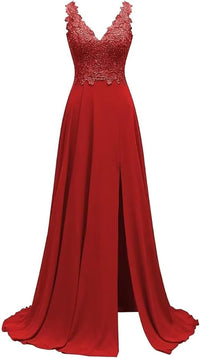 Abiti da damigella d'onore da donna lunghi in chiffon con spacco, abiti semi-formali a linea ad A con scollo a V e schiena scoperta, abiti da sera per matrimoni