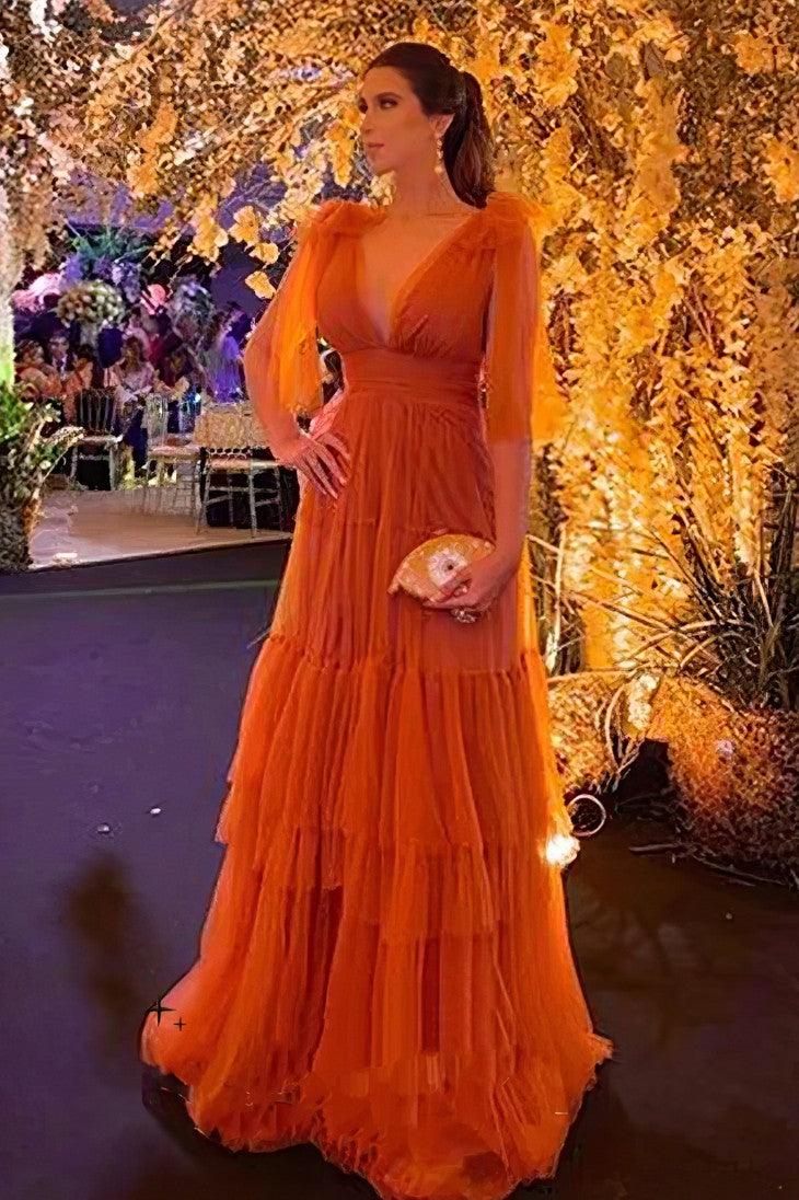 Vestido de Festa de Tule em Camadas Laranja com Mangas Bufantes para Gala ou Eventos Formais