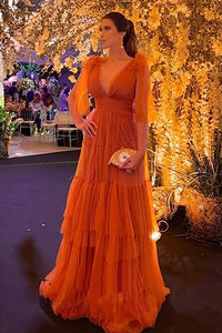 Vestido de Festa de Tule em Camadas Laranja com Mangas Bufantes para Gala ou Eventos Formais