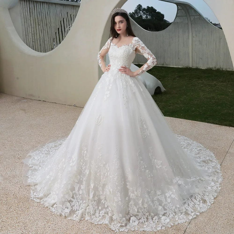 Robes de mariée romantiques en dentelle pour femmes à manches longues France Inde robe de mariée princesse royale robes de mariée