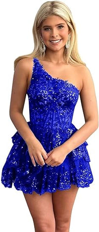 Vestidos de Regresso a Casa de Tule com Um Ombro para Adolescentes Vestido Curto de Baile com Lantejoulas Brilhantes Vestidos de Festa com Folhos em Camadas e Apliques