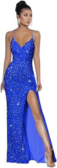 Abiti da sera formali con spalline sottili, paillettes, scollo a V, stile sirena, con spacco, abito da festa scintillante