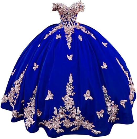 Abiti Quinceanera in Velluto 2025 con Farfalle Floreali 3D Dorate Pizzo Spalle Scoperte Abiti da Prom Sweet 16