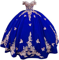 Abiti Quinceanera in Velluto 2025 con Farfalle Floreali 3D Dorate Pizzo Spalle Scoperte Abiti da Prom Sweet 16