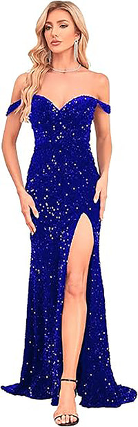 Abito da sera elegante a sirena con spalle scoperte e spacco, con paillettes, per feste formali