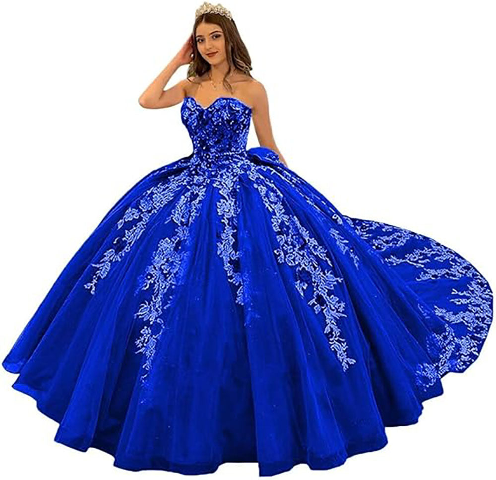 Wunderschöne trägerlose Quinceanera-Kleider mit Perlen, Ballkleid, bauschige Spitze, Ballkleider mit Schleppe, Blumenmuster, Sweet 15 16 Kleider