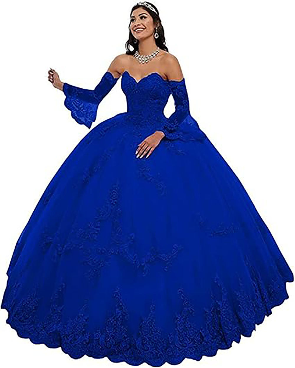 Abiti da Quinceanera da donna con scollo a cuore, applicazioni in pizzo, abito da ballo con maniche lunghe staccabili, abito da principessa per feste