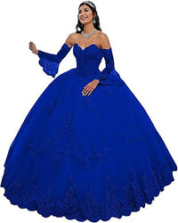 Abiti da Quinceanera da donna con scollo a cuore, applicazioni in pizzo, abito da ballo con maniche lunghe staccabili, abito da principessa per feste
