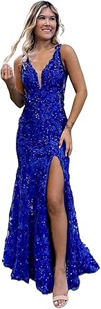 Abiti da sera formali lunghi da ballo con paillettes a sirena per adolescenti, con spacco, scollo a V e pizzo