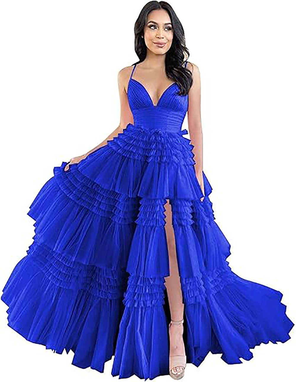 Abito da sera formale in tulle con spalline sottili, balze a strati, gonna ampia, spacco e effetto gonfio