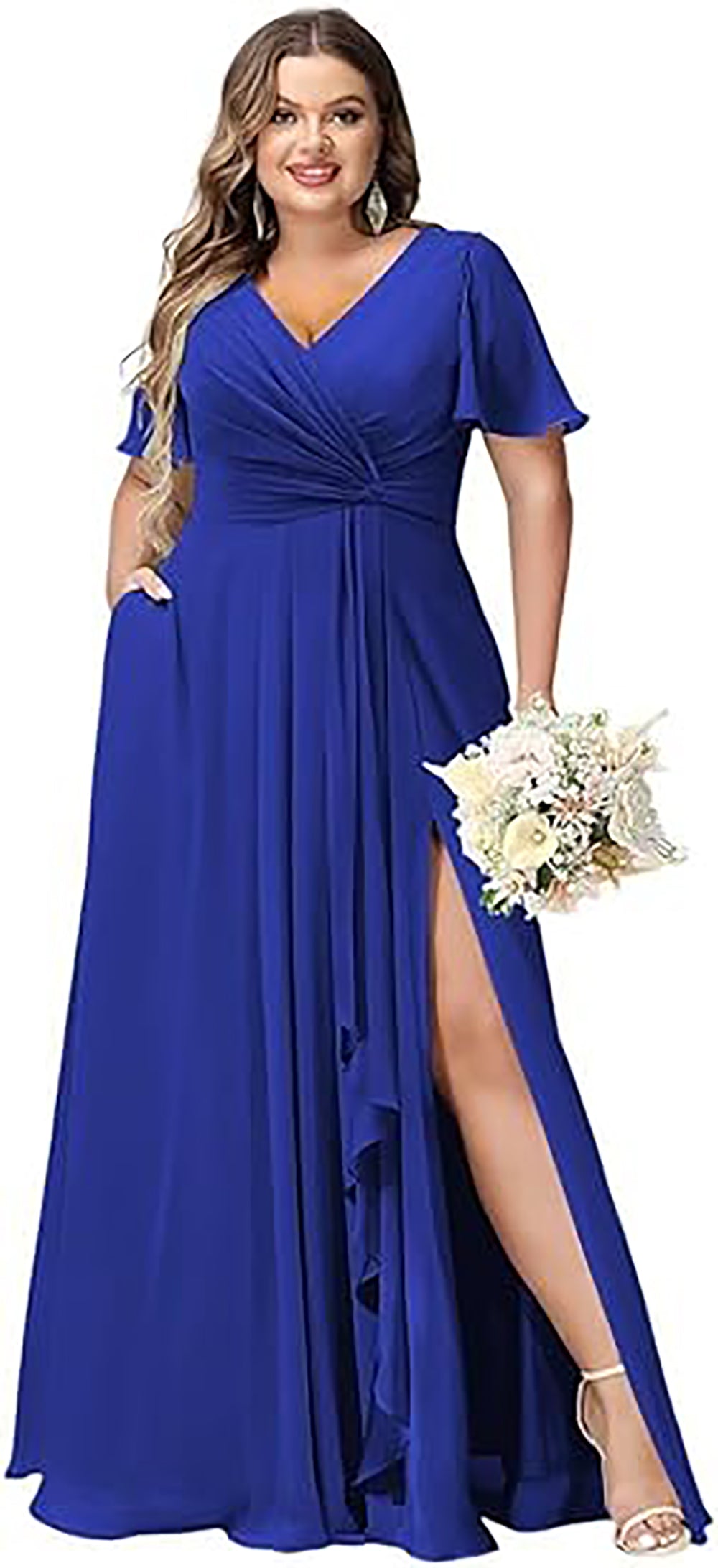 Vestido de Dama de Honra Comprido com Mangas de Folha, Bolsos, Chiffon Franzido, Corte Longo em A, Vestido Formal para Festa com Fenda