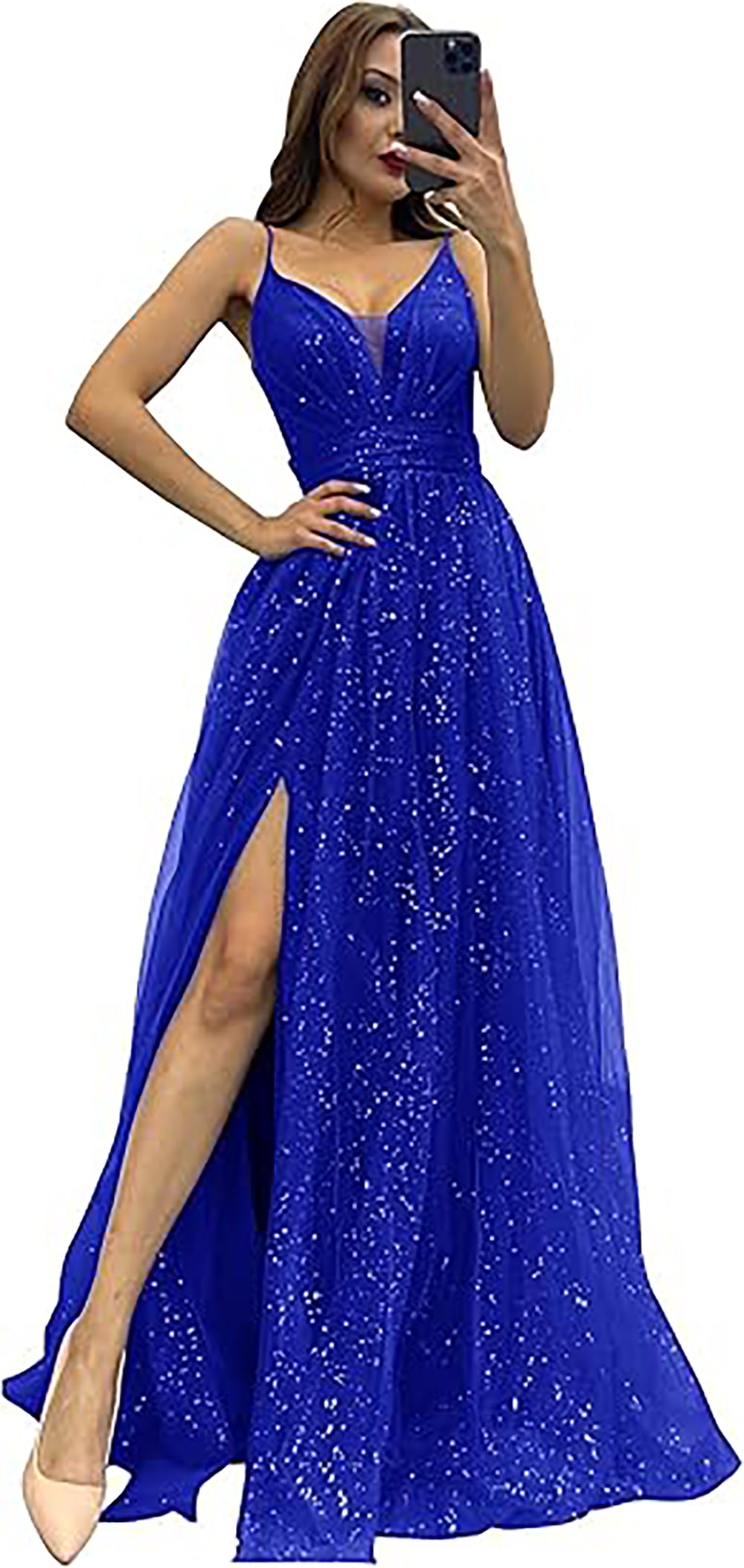 Vestidos Formais de Tule Brilhante para Mulheres com Decote em V, Pregas, Sexy, Fenda Alta, Alças Finas, Vestidos de Baile