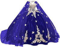 Abiti da Quinceanera Principessa Velvet con Mantello, Applicazioni di Farfalle Dorate Scintillanti, Abiti Sweet 16, Abito da Ballo in Pizzo