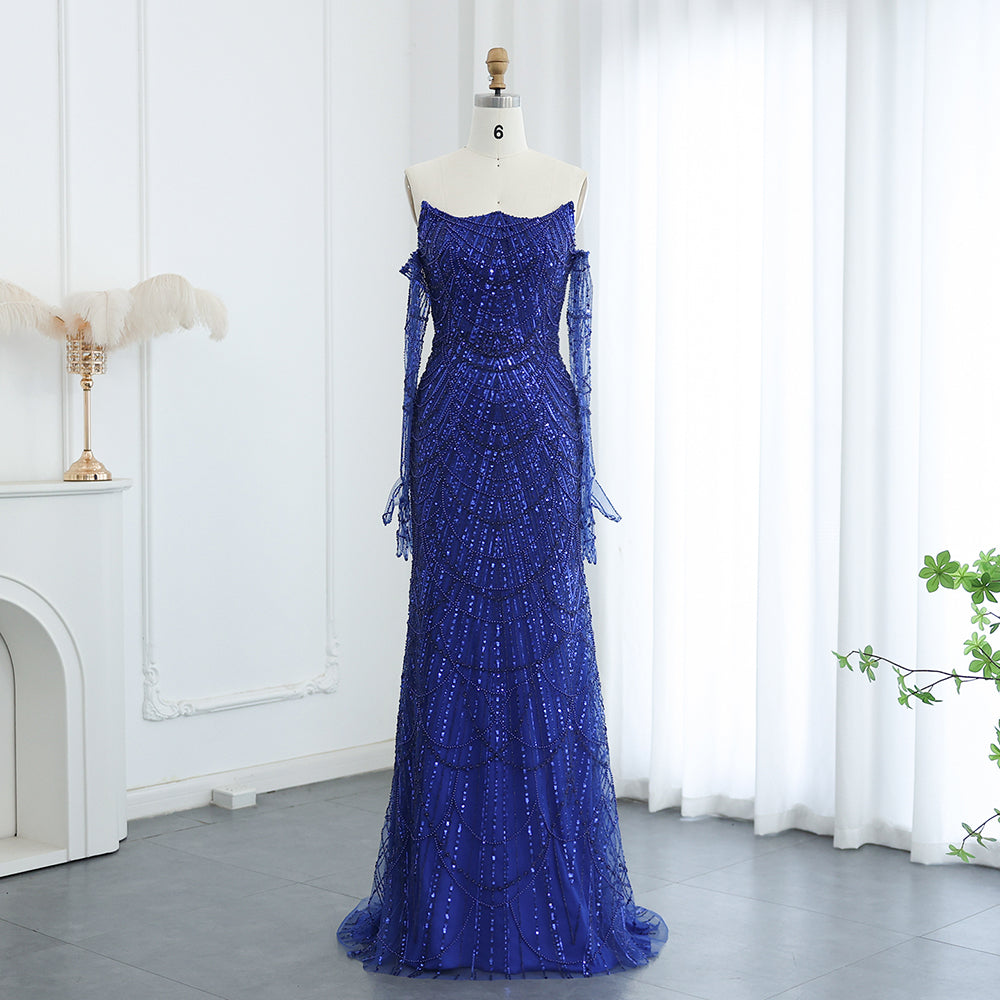 Vestidos de Noite de Sereia de Luxo com Luvas, Bordados e Lantejoulas, Vestido de Baile para Mulheres, Vestidos de Festa