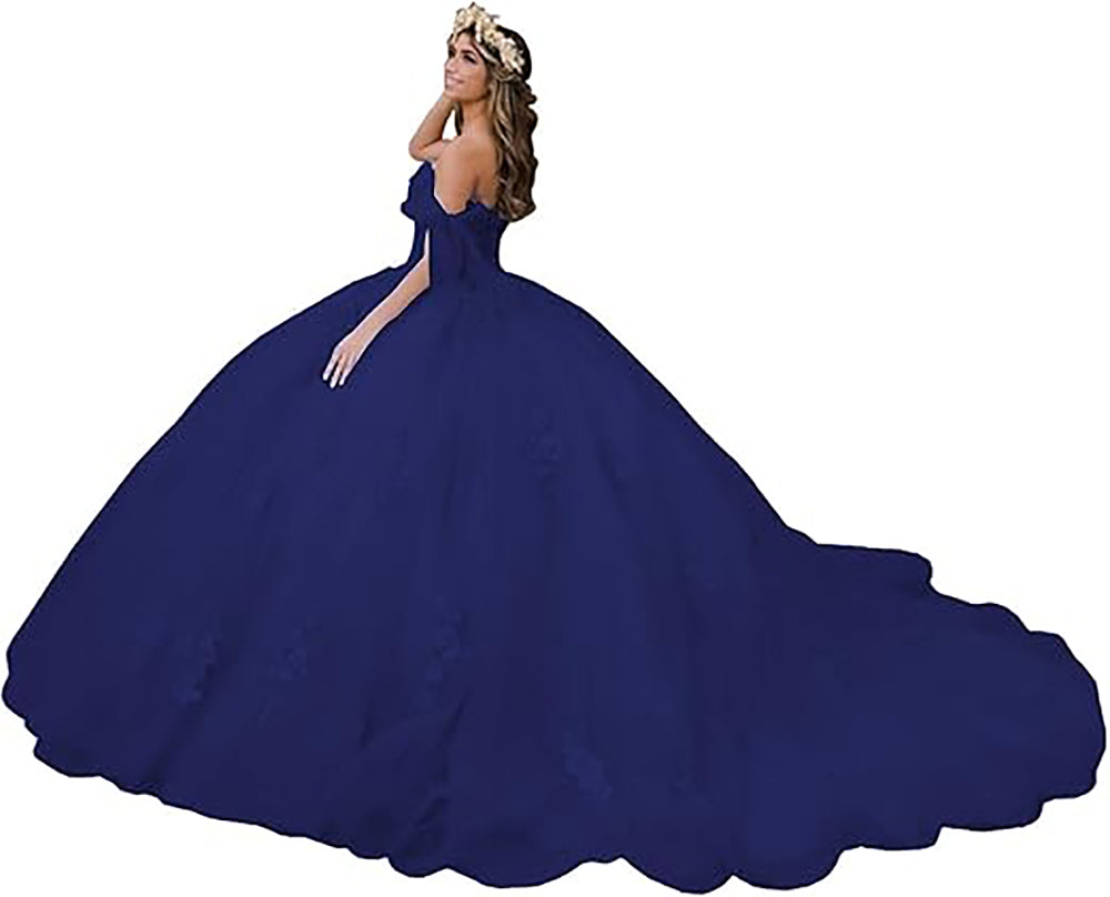 Damen Quinceanera-Kleider aus Spitze, Ballkleid, schulterfrei, Prinzessinnen-Ballkleider mit Schleppe, bauschige Sweet 16-Kleider