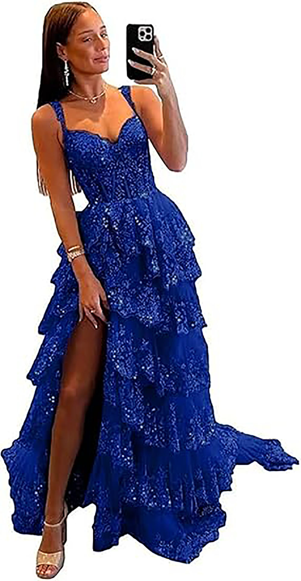Robe de soirée longue en tulle à épaules dénudées pour femme avec appliques en dentelle et fente