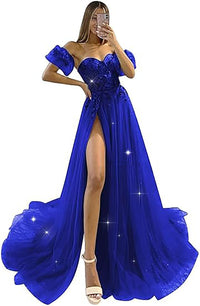 Abiti da sera in tulle glitterato con maniche 2024, scollo a cuore a spalle scoperte, fiori 3D, abiti da festa con spacco