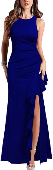 Vestido de Baile Elegante de Sereia Sem Mangas com Fenda Alta e Folhos, Vestido Longo Formal para Noite, Vestido para Convidada de Casamento