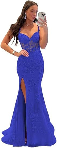 Vestidos de Baile Elegantes com Aplicação de Renda, Estilo Sereia, Fenda, Alças Finas, Vestidos Formais em Tule, Vestidos de Festa Sensuais