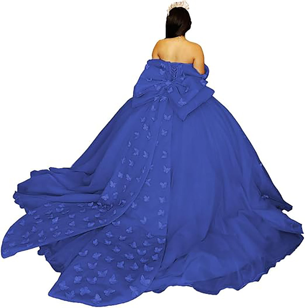 Vestidos de Quinceanera Butterfly com Laço Vestido de Baile Fofo Sweet 16 com Cauda Vestido de Quince Ombro a Ombro