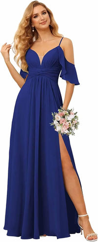Abito da damigella con spalline sottili, spacco, chiffon plissettato, scollo a barca, linea ad A, abito formale da sera per donna