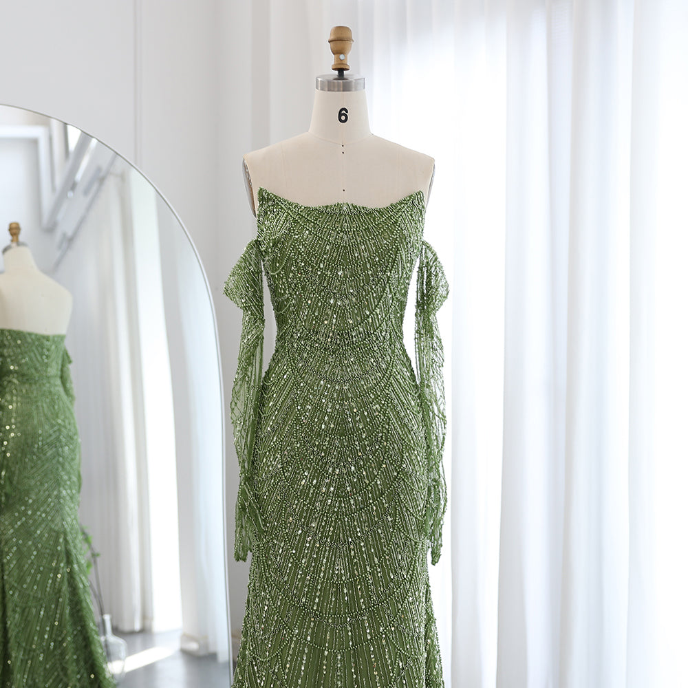 Vestidos de Noite de Sereia de Luxo com Luvas, Bordados e Lantejoulas, Vestido de Baile para Mulheres, Vestidos de Festa