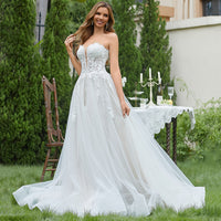 Vestidos de Noiva Elegantes em Renda para Mulheres, Linha A, Sem Mangas, Decote em V, Vestidos Nupciais de Luxo