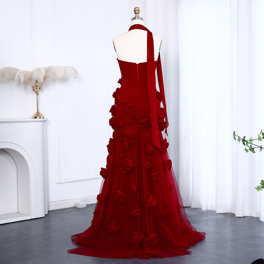 Elegante Abito da Sera con Fiori 3D Rosa 2025 Abito da Sposa Formale Lungo con Spacco Laterale Abito da Festa per Ragazza