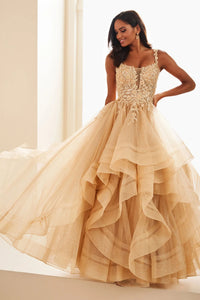 Robe de soirée longue en tulle à bretelles spaghetti et décolleté plongeant pour femme