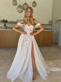 Off The Shoulder Wedding Dresses for Bride Tulle Bridal Gowns Sexy Split Long Boho Wedding Dress