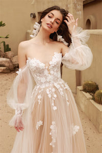 Detachable Long Puff Sleeves Wedding Dress V-neck Lace Flore Boho Bridal Dress Ms2503182