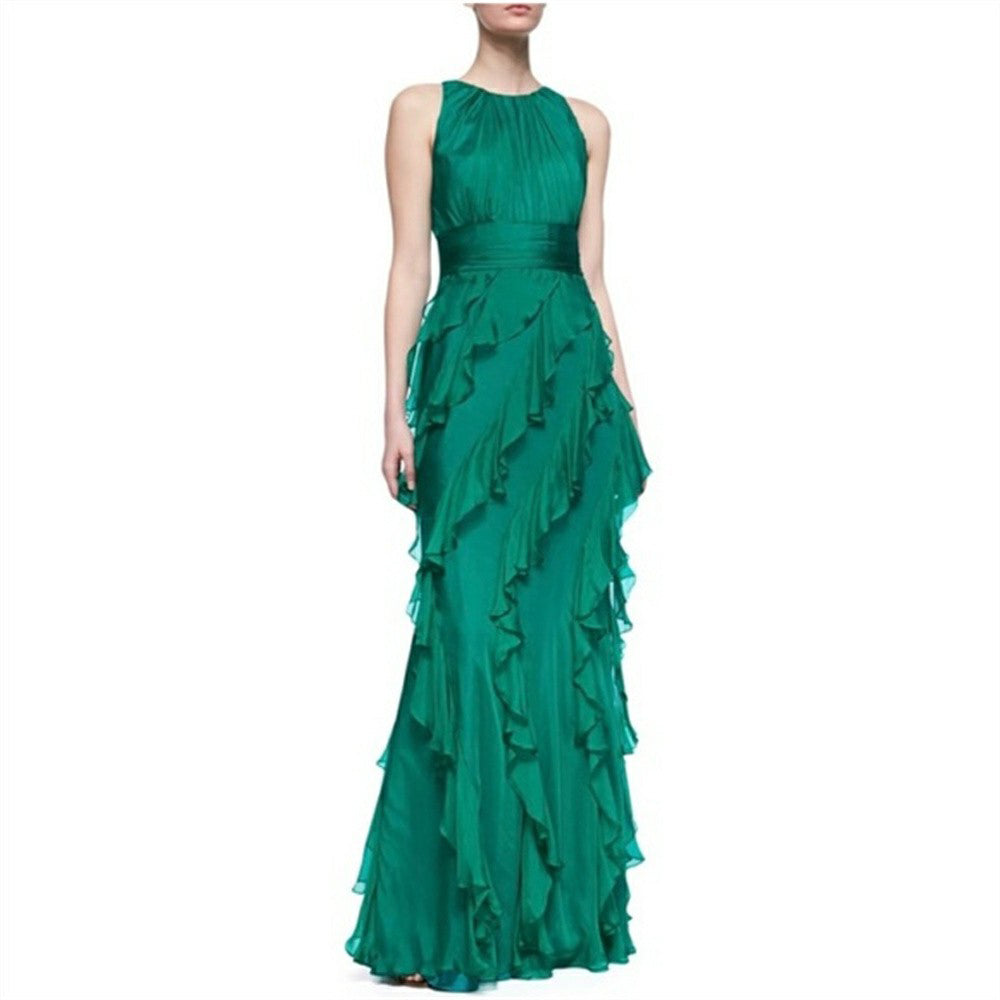 Robe de soirée élégante à volants verts pour femme, robe de soirée à col rond, robe de soirée formelle