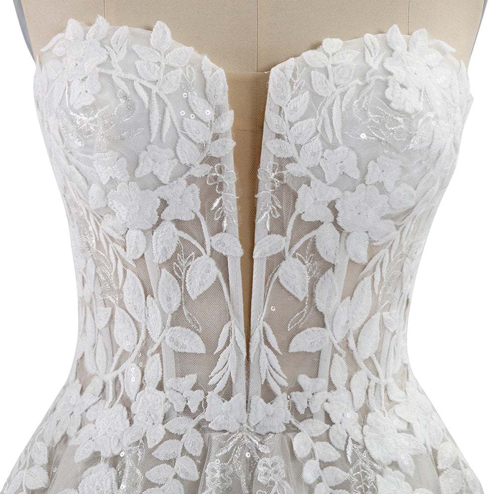 Vestidos de Noiva Elegantes em Renda para Mulheres, Linha A, Sem Mangas, Decote em V, Vestidos Nupciais de Luxo