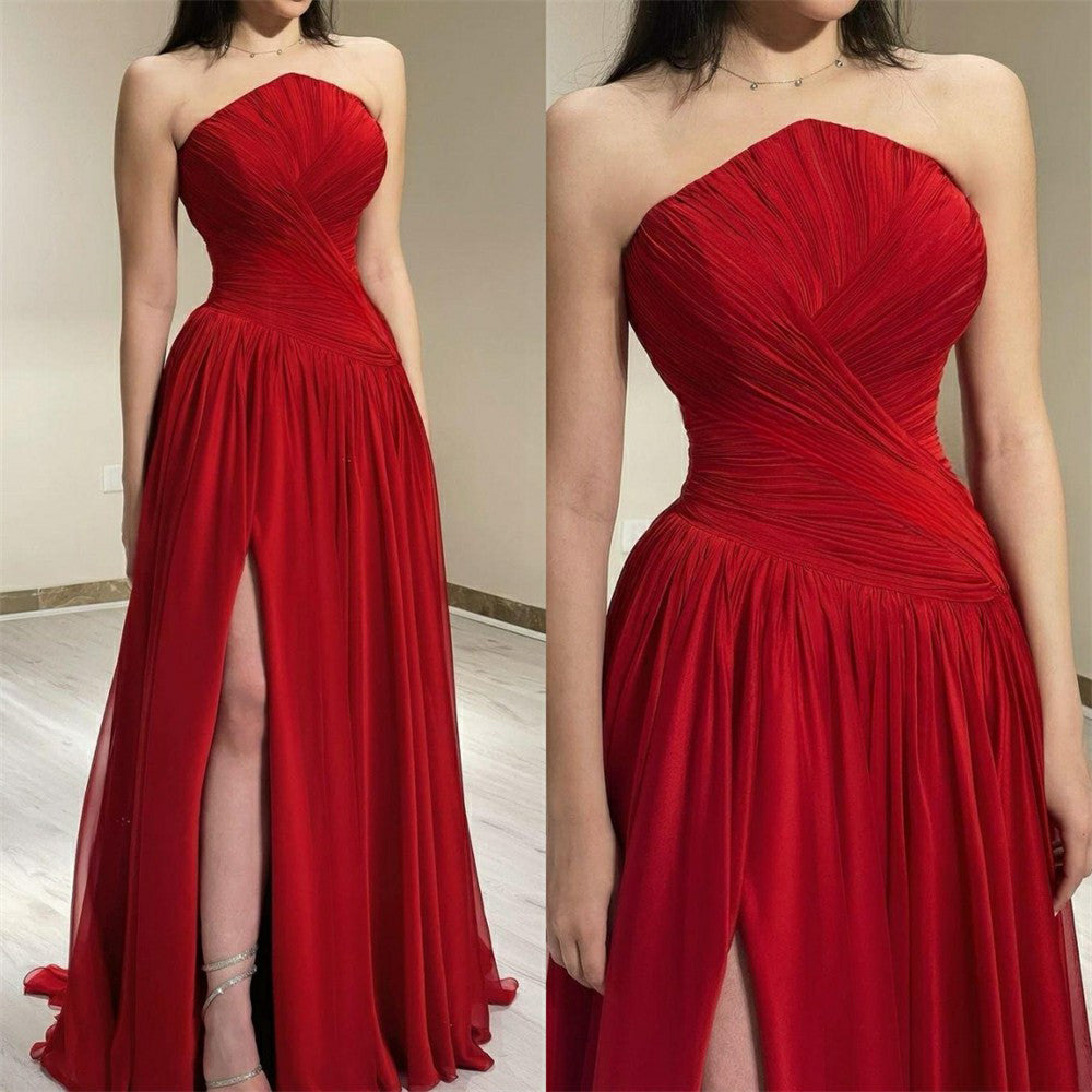 Abito da sera rosso elegante in chiffon senza spalline con spacco alto, lungo, da ballo per feste