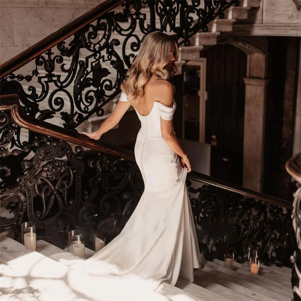 Elegant Mermaid Wedding Dresses Off The Shoulder Scoop Collar Open Back Crepe Bridal Gown