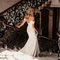 Elegant Mermaid Wedding Dresses Off The Shoulder Scoop Collar Open Back Crepe Bridal Gown