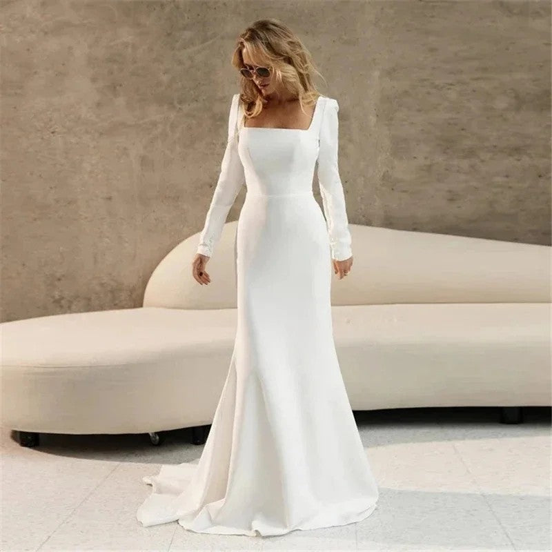 Civil Square Neck Long Sleeve Wedding Dress Simple Mermaid Bridal Gown with Button Ms2503191