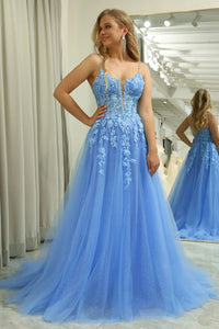 Vestido de Baile Formal Elegante com Aplicação de Renda Azul, Alças Finas e Tule com Ilusão Ms2504101