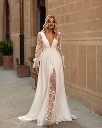 Abiti da sposa sexy con scollo a V profondo, maniche lunghe, abiti da sposa con applicazioni senza schienale, abito da sposa in chiffon a linea A