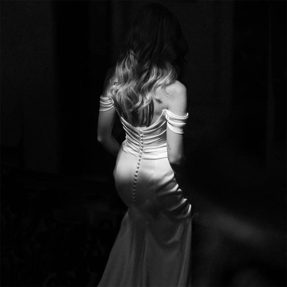Elegant Mermaid Wedding Dresses Off The Shoulder Scoop Collar Open Back Crepe Bridal Gown
